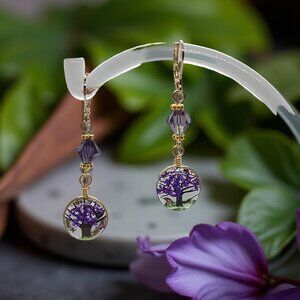 Purple Tree Earrings with Butterflies • Fairycore Cottagecore Nature Jewelry